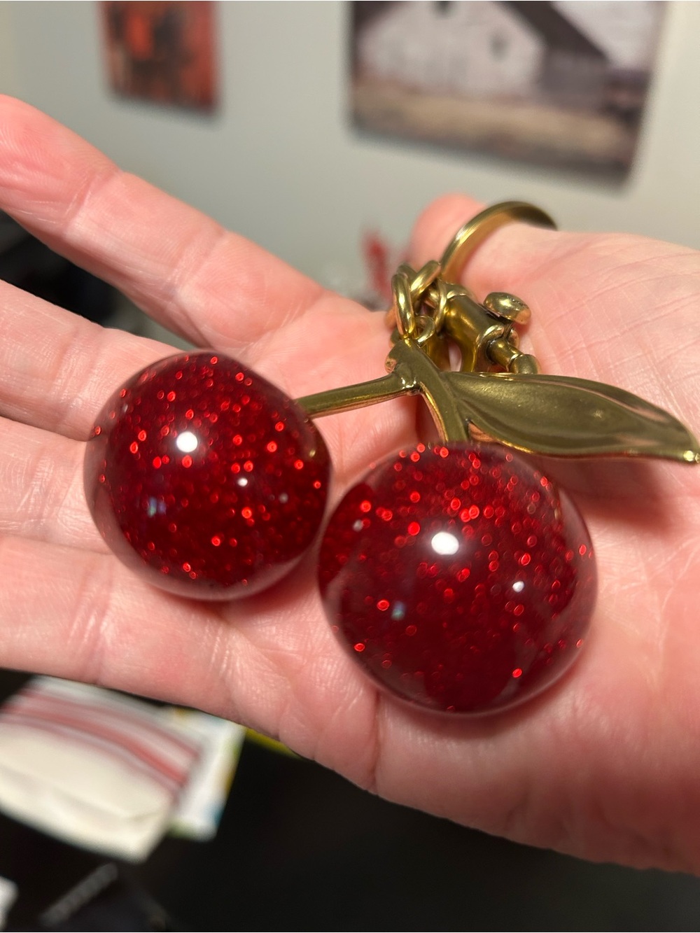 Coach❤️ Gold-Tone Cherry Keyring with Red Glitter Cherries - Picture 3 of 5